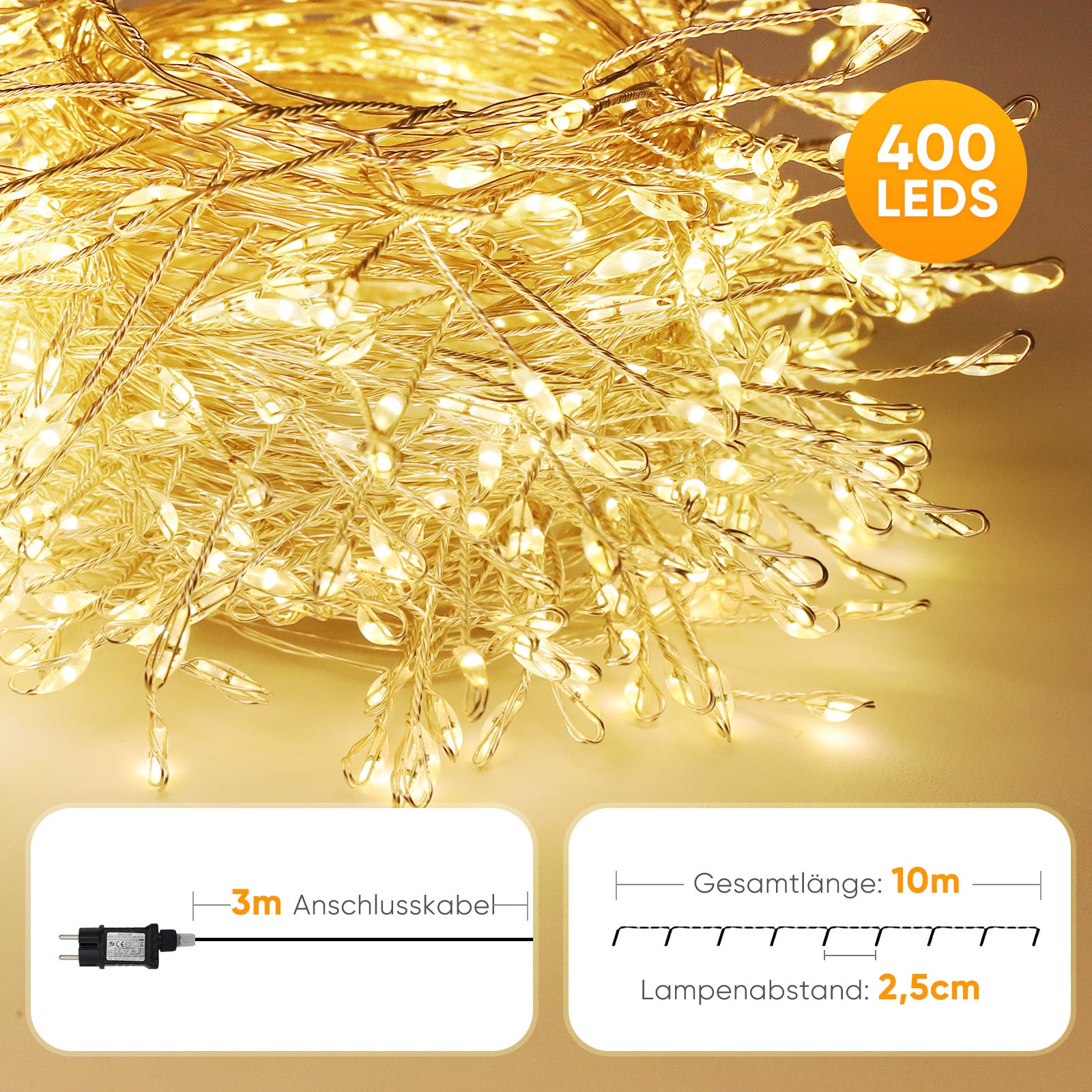 SALCAR LED Cluster Lichterkette aus Kupferdraht – 5m/10m/15m/20m, 200–800 LEDs, Wasserdicht, 8 Modi, Timer & Memory, für Innen & Außen, Weihnachtsbaum, Garten, Hochzeit, Party – Warmweiß