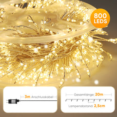 Salcar LED Cluster Lichterkette aus Kupferdraht – 5m/10m/15m/20m, 200–800 LEDs, Wasserdicht, 8 Modi, Timer & Memory, für Innen & Außen, Weihnachtsbaum, Garten, Hochzeit, Party – Warmweiß