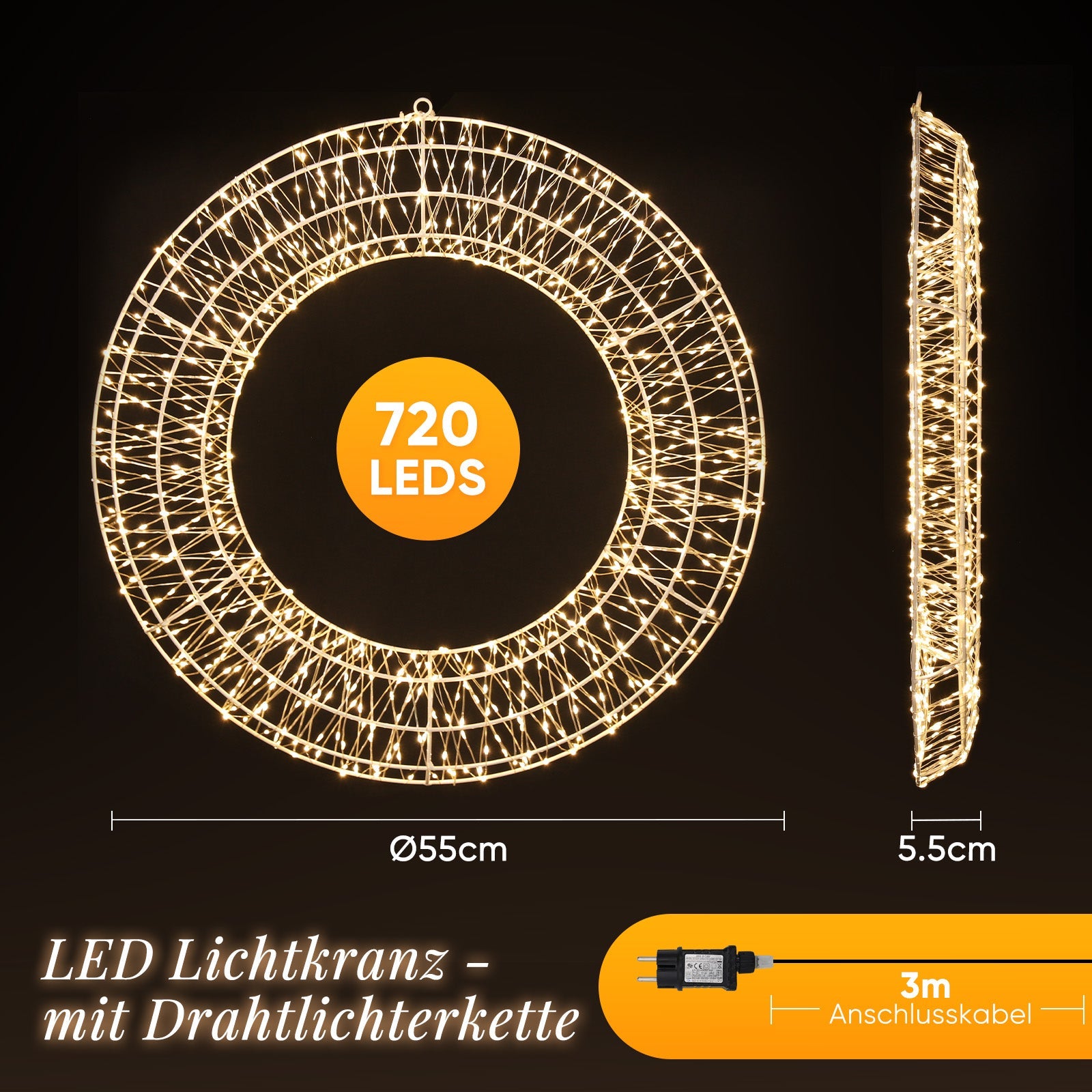 Salcar LED Lichtkranz Ø45 & Ø55 cm, 720 LEDs, Hängekranz, – sekeymall