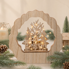 Salcar LED Schwibbogen aus Holz, 3D Weihnachtsdeko mit Weihnachtsdorf, 20 warmweiße LEDs, batteriebetriebener Lichterbogen für Fensterbank, Regal & Sideboard