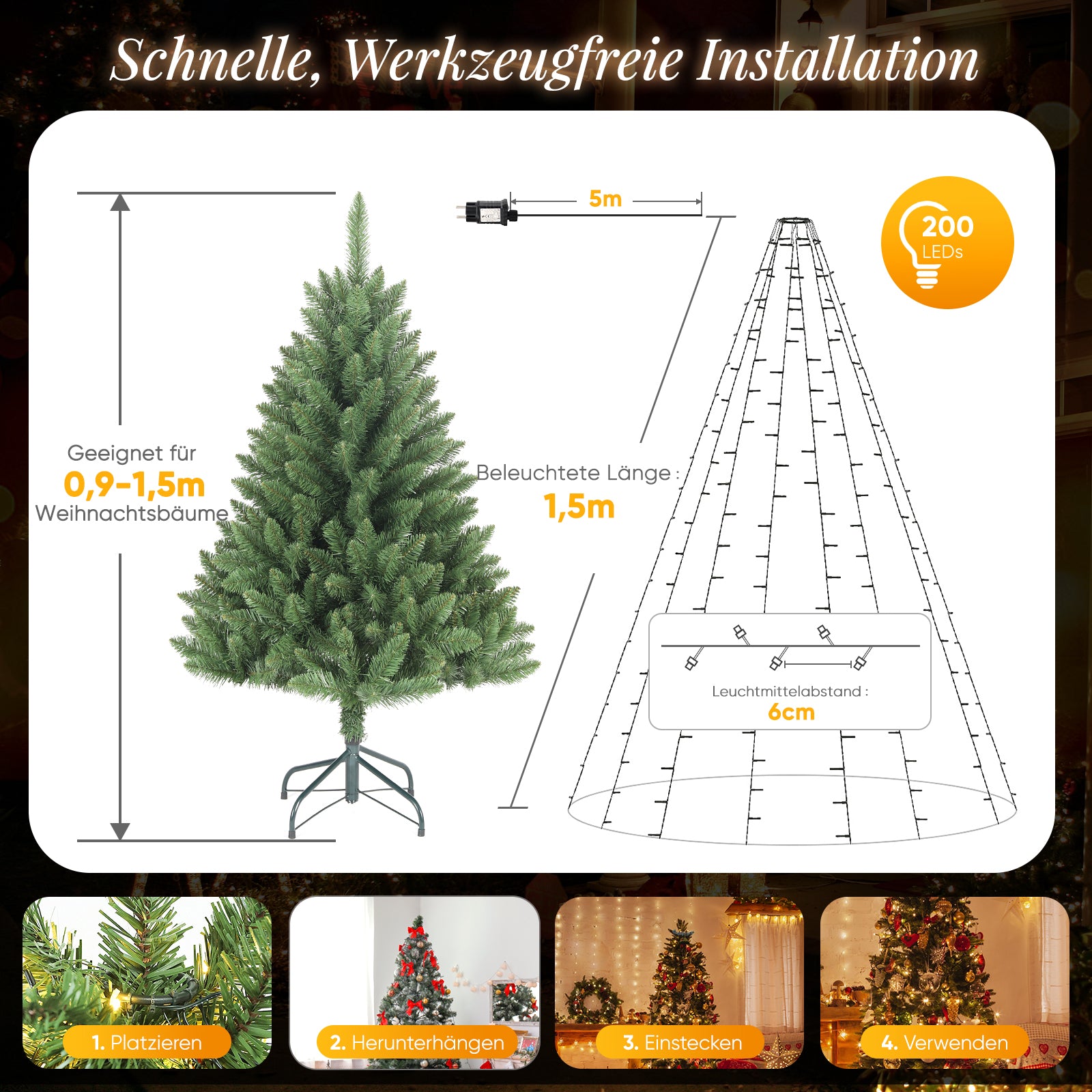 SALCAR Weihnachtsbaum Lichterkette mit Ring & Girlanden – Warmweiß & Bunt, 9 Modi, Timer & Speicherfunktion, IP44 Wasserdicht – Für 0,9m bis 3,5m Tannenbäume