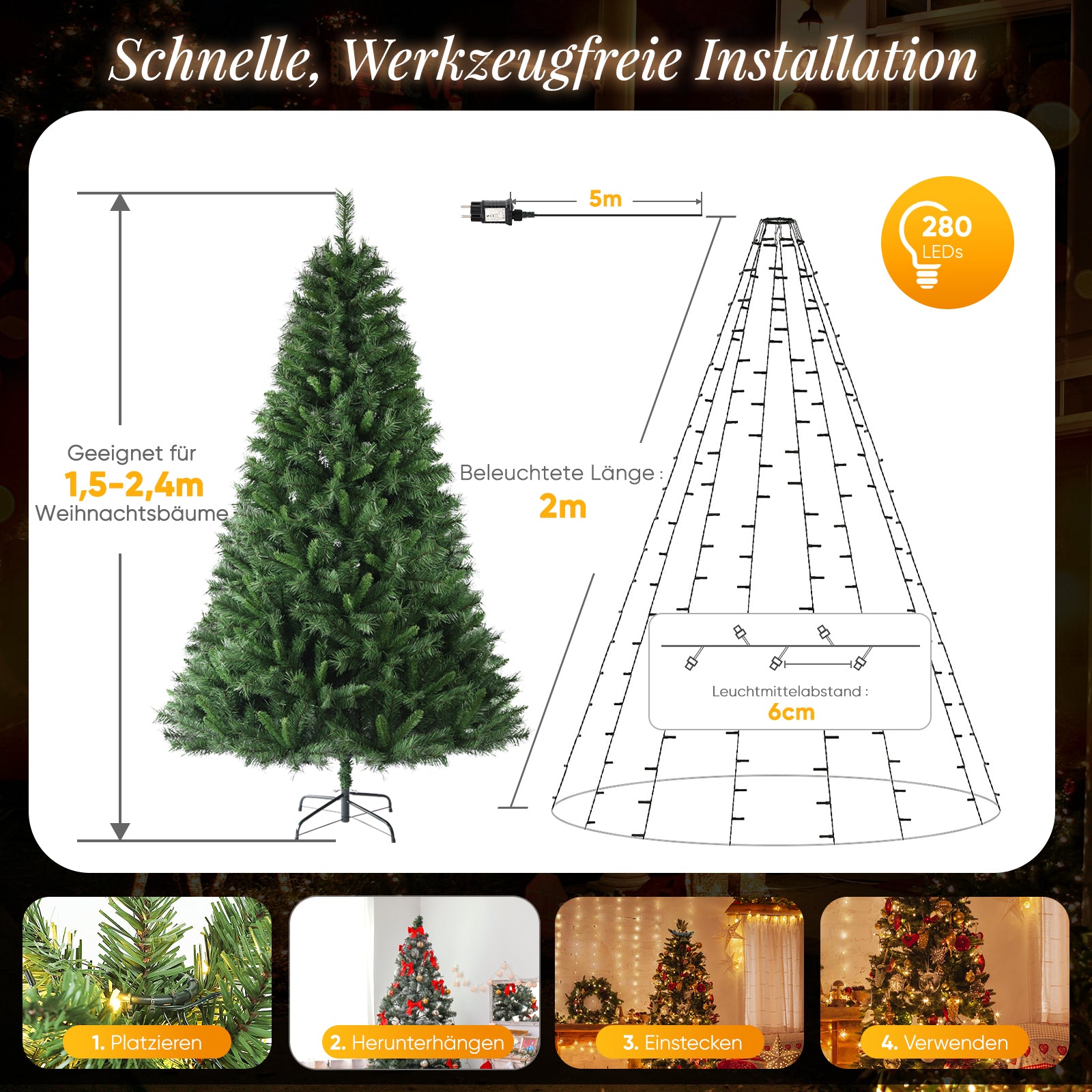 SALCAR Weihnachtsbaum Lichterkette mit Ring & Girlanden – Warmweiß & Bunt, 9 Modi, Timer & Speicherfunktion, IP44 Wasserdicht – Für 0,9m bis 3,5m Tannenbäume