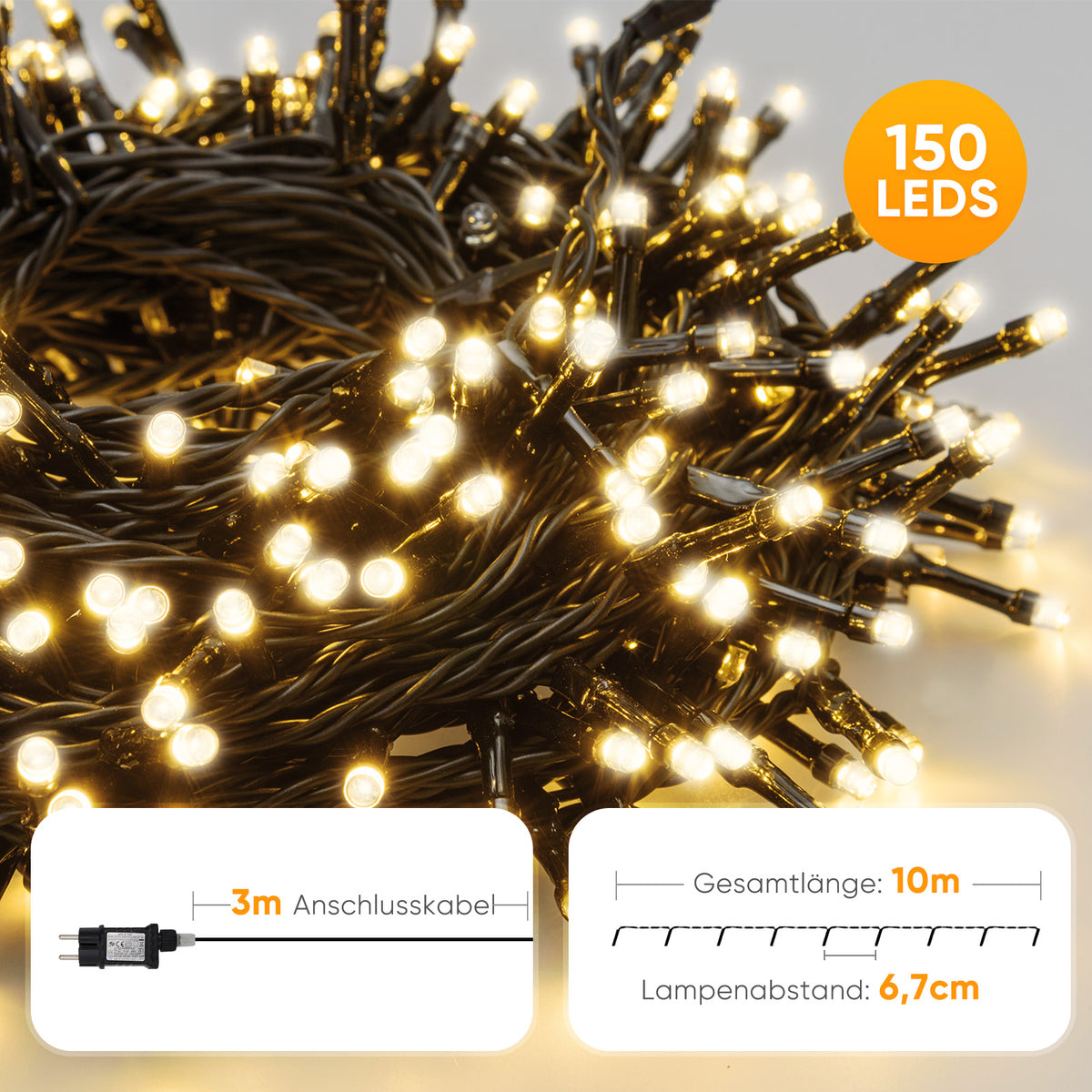 SALCAR LED Lichterkette Außen – 10m/15m/20m, 150–300 LEDs, Wasserdicht, 9 Modi, Timer & Memory, Stufenlos dimmbar, 4 Farbtemperaturen (2800K–1800K), für Garten, Balkon, Party, Weihnachtsbaum