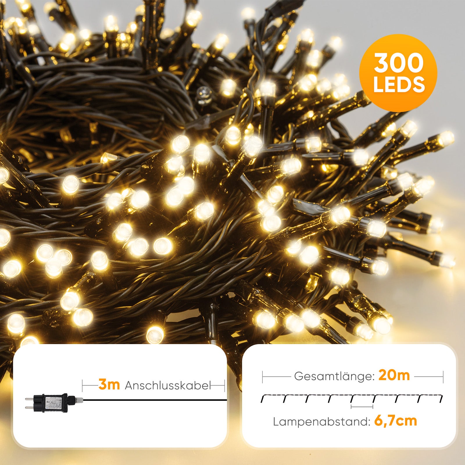 SALCAR LED Lichterkette Außen – 10m/15m/20m, 150–300 LEDs, Wasserdicht, 9 Modi, Timer & Memory, Stufenlos dimmbar, 4 Farbtemperaturen (2800K–1800K), für Garten, Balkon, Party, Weihnachtsbaum