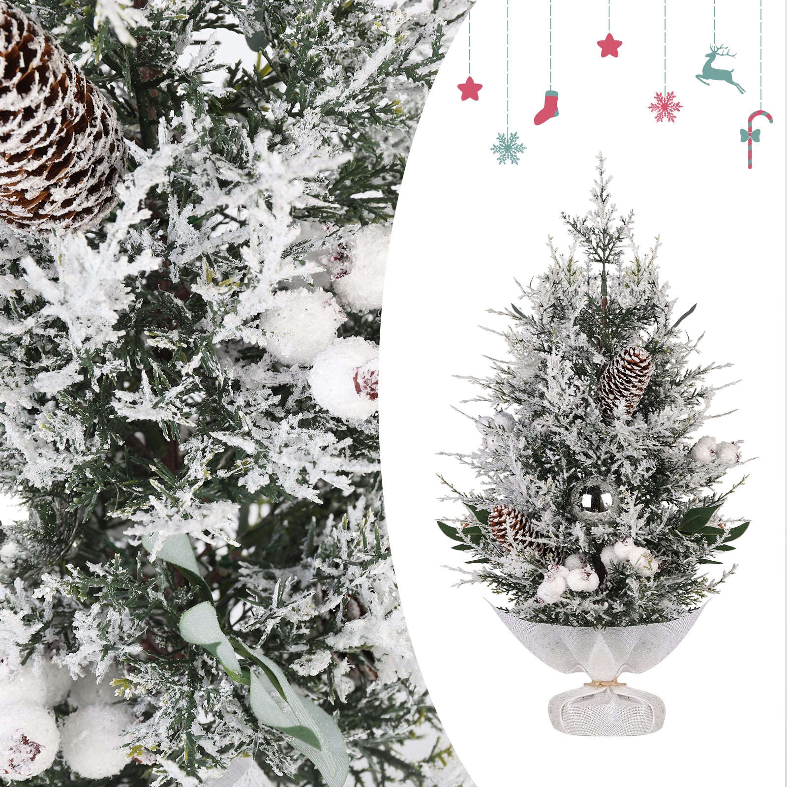 Salcar Künstlicher Mini-Weihnachtsbaum 50 cm – Mit Christbaumschmuck, Tannenzapfen & roten Beeren – Aus 100 % PE, stabil & wiederverwendbar