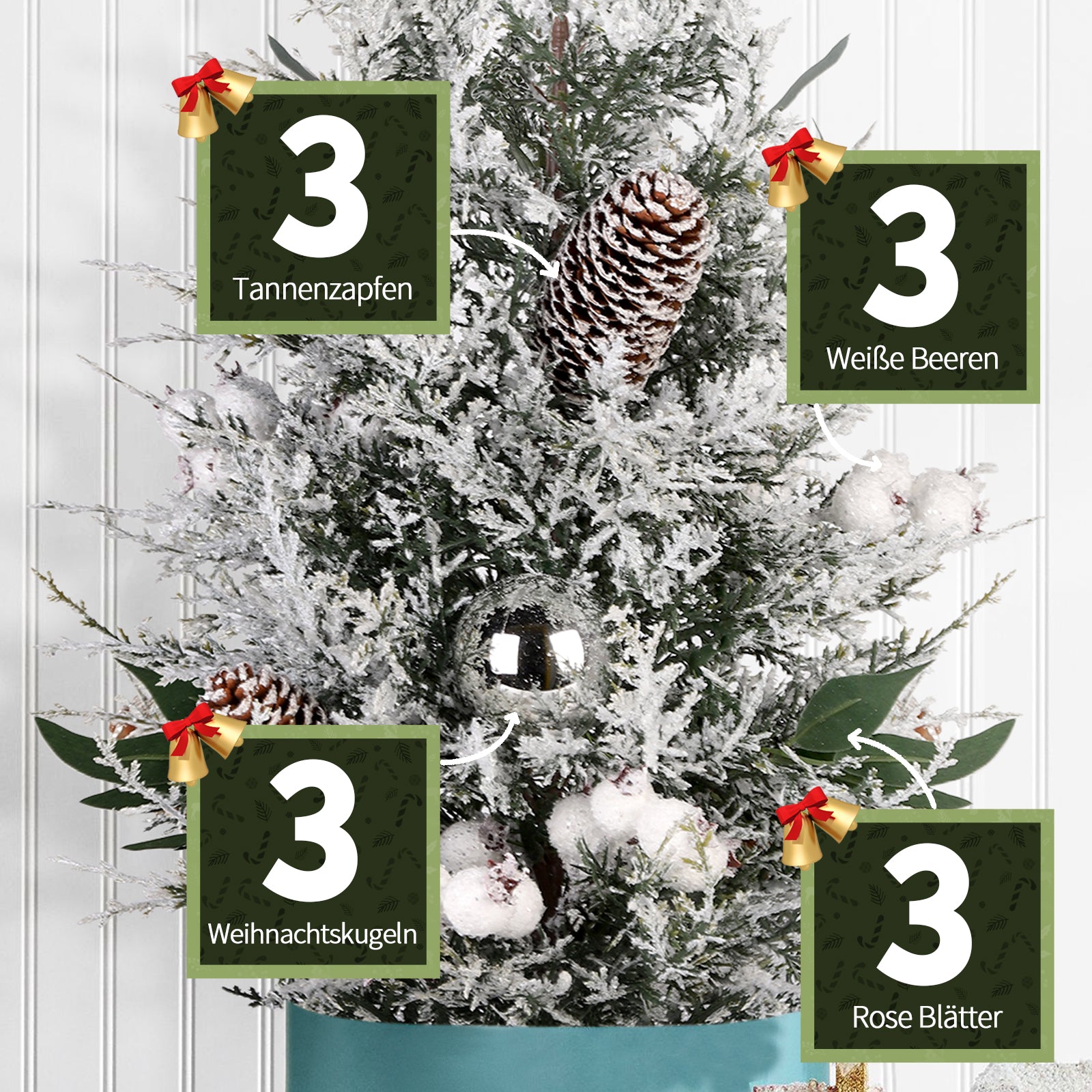 Salcar Künstlicher Mini-Weihnachtsbaum 50 cm – Mit Christbaumschmuck, Tannenzapfen & roten Beeren – Aus 100 % PE, stabil & wiederverwendbar