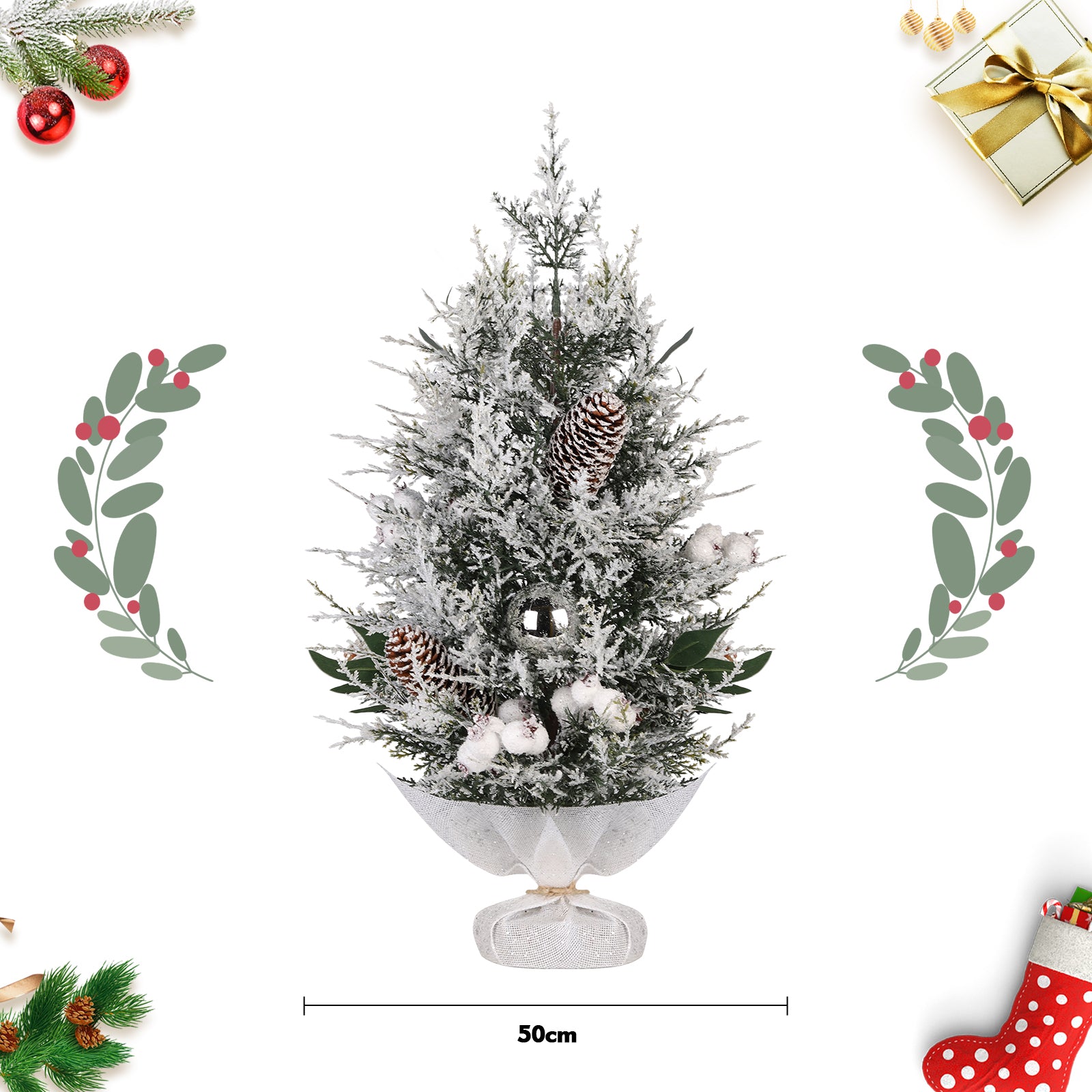 Salcar Künstlicher Mini-Weihnachtsbaum 50 cm – Mit Christbaumschmuck, Tannenzapfen & roten Beeren – Aus 100 % PE, stabil & wiederverwendbar