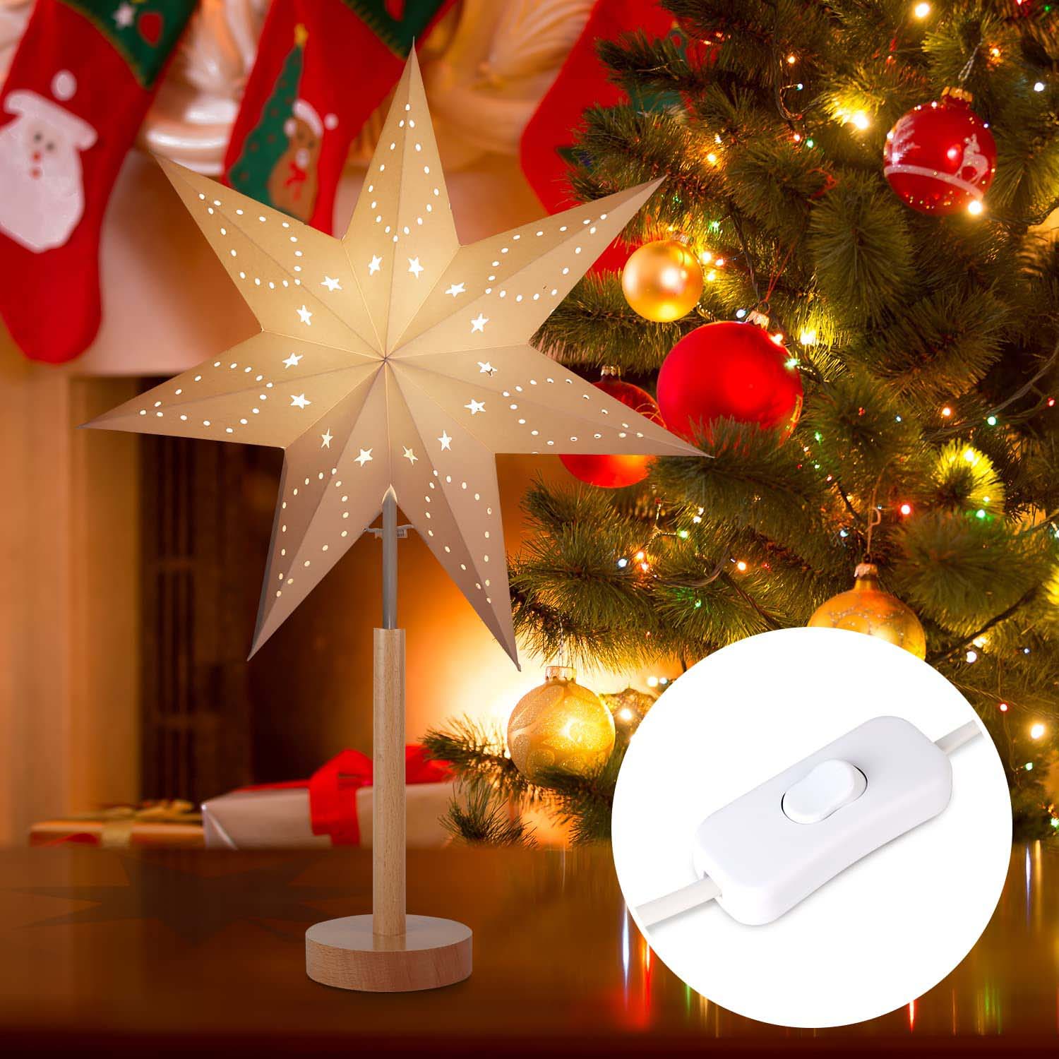 Salcar LED Papierstern Holzsockel – Beleuchteter Weihnachtsstern – sekeymall