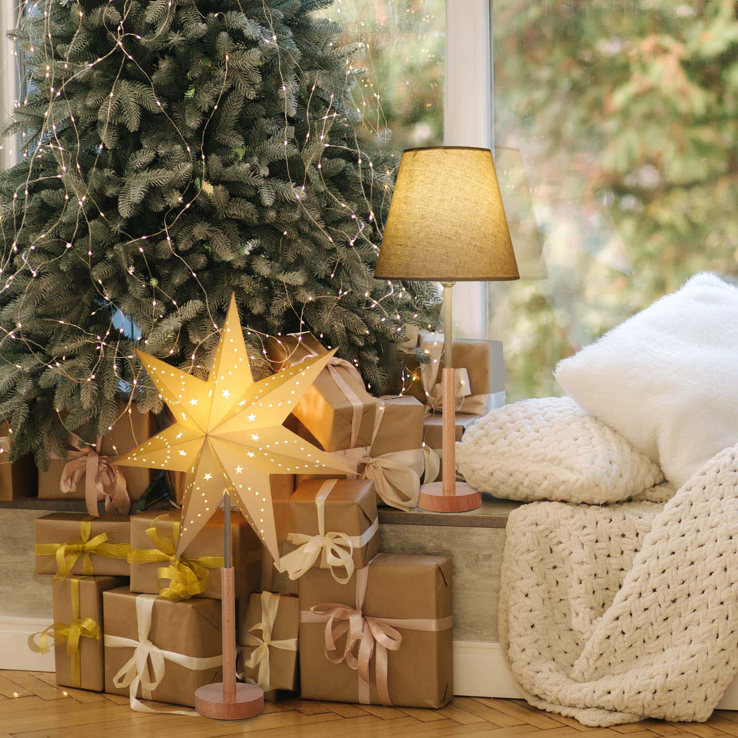 Salcar LED Papierstern Holzsockel – Beleuchteter Weihnachtsstern – sekeymall