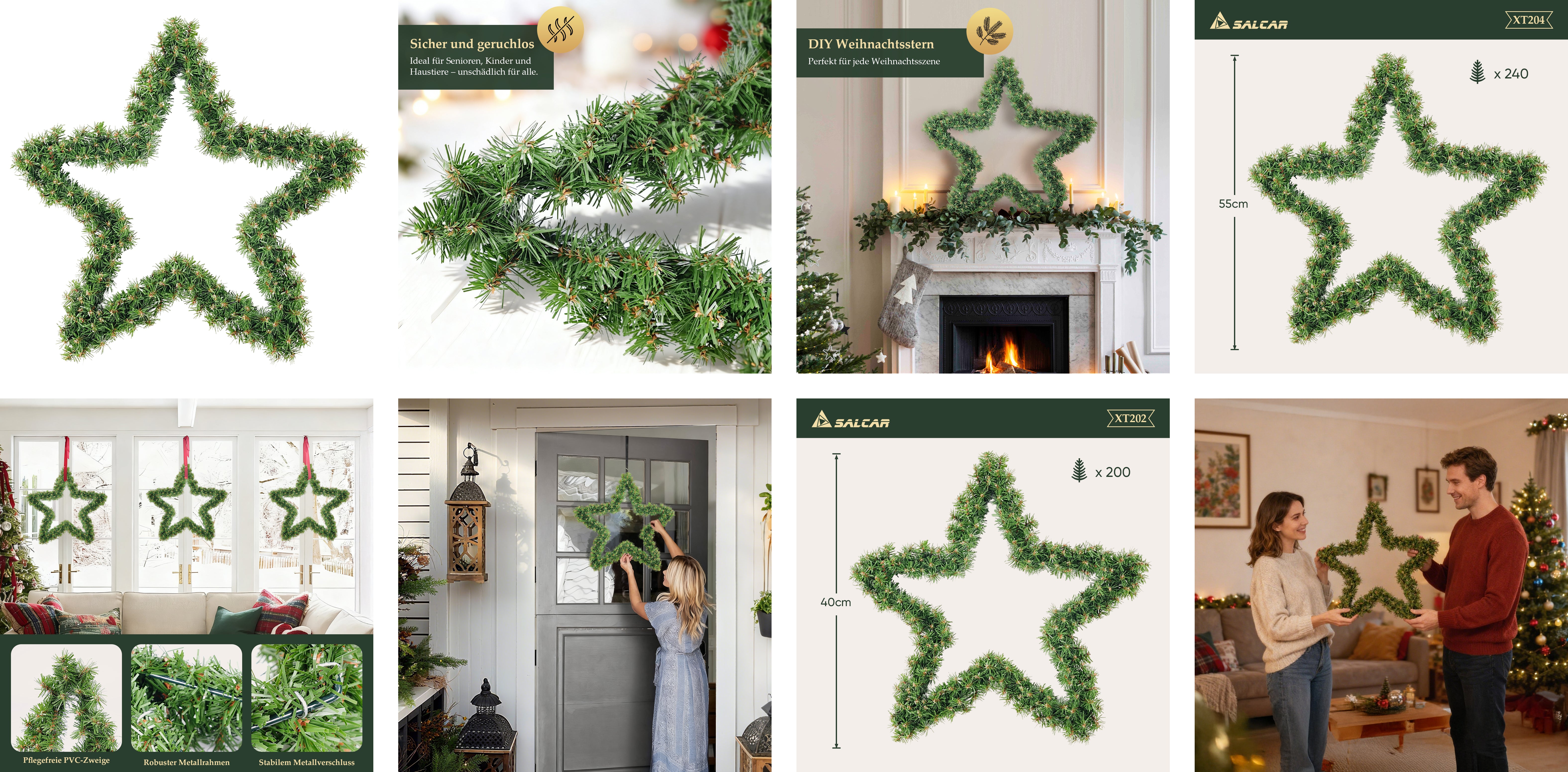 SALCAR PVC Weihnachtsstern 40 cm/55 cm – Realistische Weihnachtsdeko mit 200/240 Zweigen für Innen & Außen