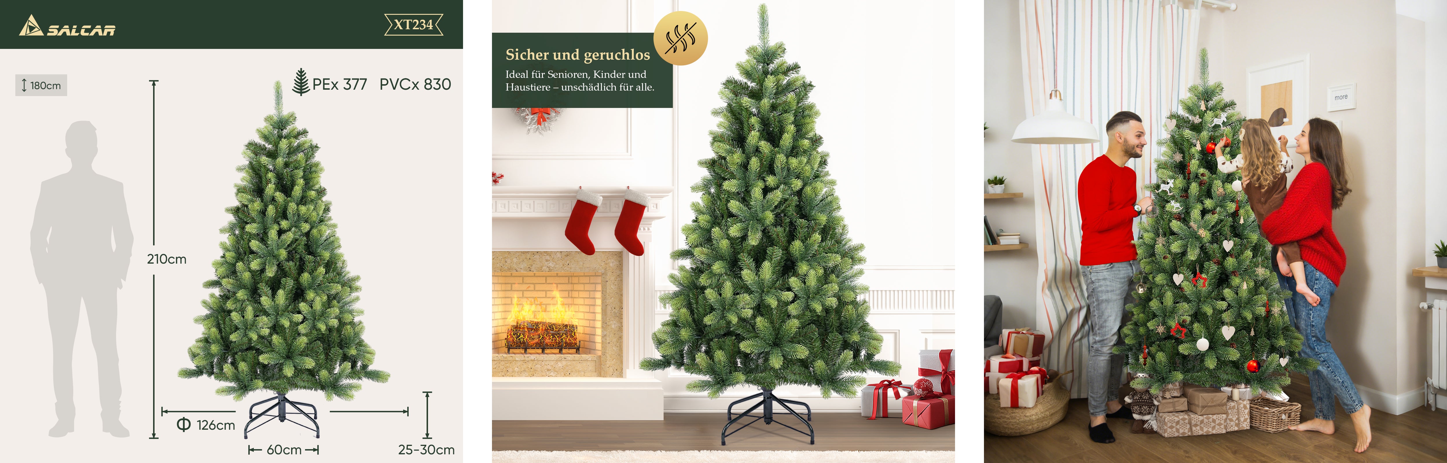 SALCAR 150 cm/180 cm/210 cm Künstlicher Weihnachtsbaum – Realistische PE-Rundspitzen, Unsichtbare PVC-Zweige, Stabiler Metallständer, Perfekt für Innenbereich