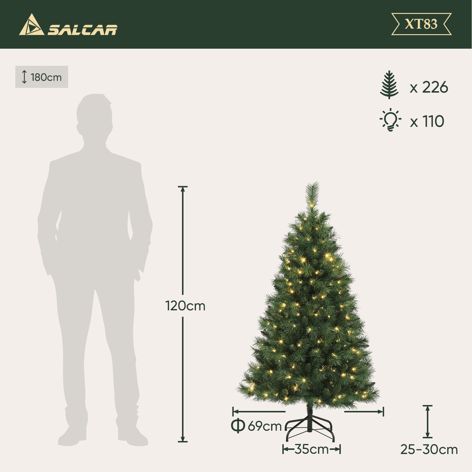 Salcar 180/210/240cm Künstlicher Weihnachtsbaum mit LED, mit 580/868/1168 Spitzen und 250/380/450 LEDs