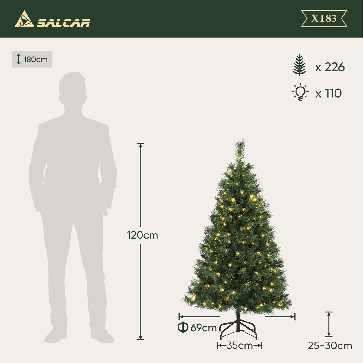 Salcar 180/210/240cm Künstlicher Weihnachtsbaum mit LED, mit 580/868/1168 Spitzen und 250/380/450 LEDs
