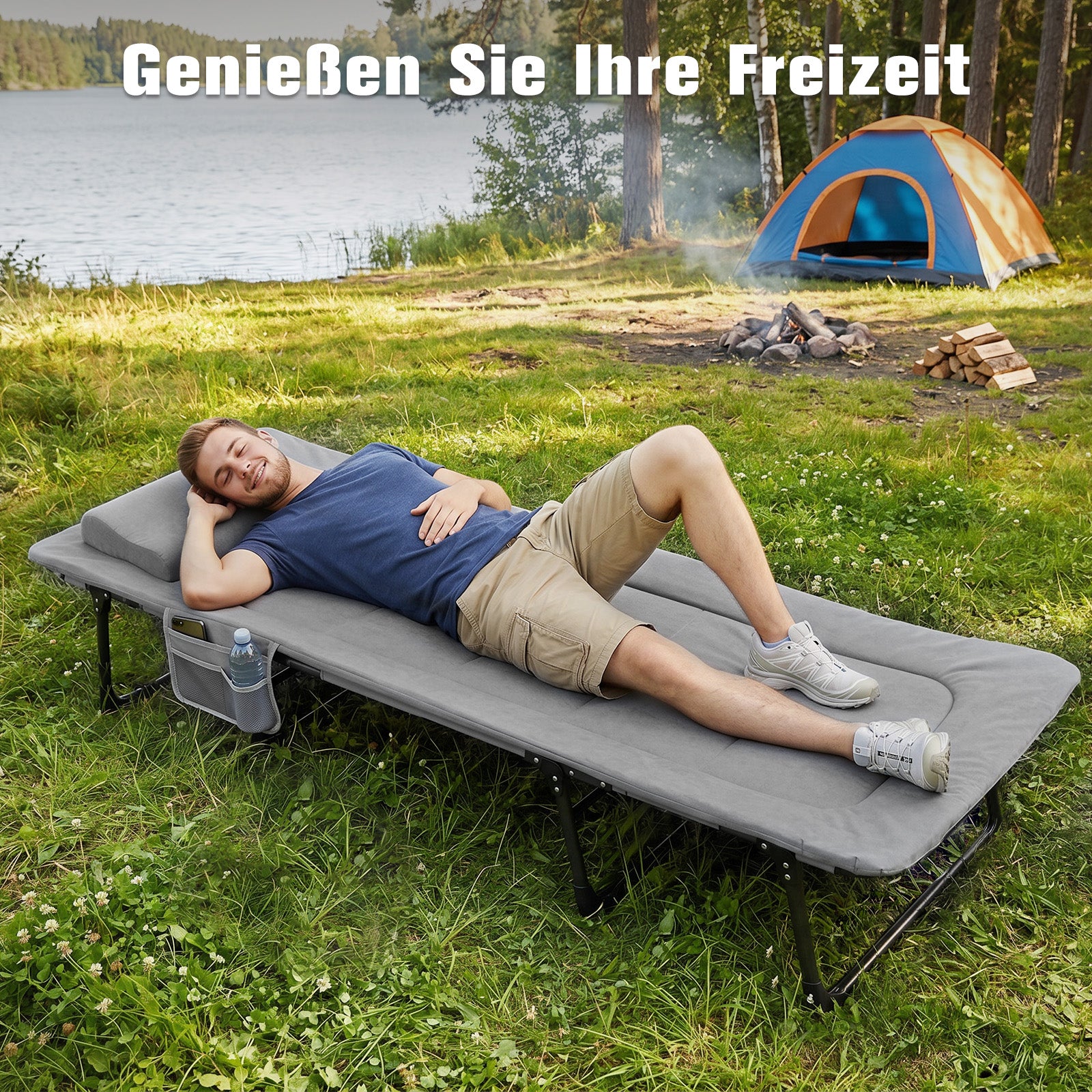 Sekey Faltbett klappbar mit Matratze & Kissen 193x70 cm – verstellbares Campingbett mit 6-fach Rückenlehne, bis 150 kg belastbar, Gästebett für