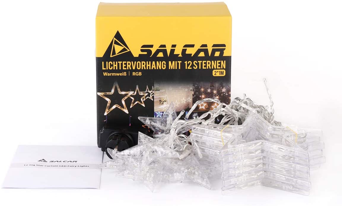 Salcar 2 x 1 m LED light curtain with 12 stars, 138 LEDs, 31V GS certified power supply