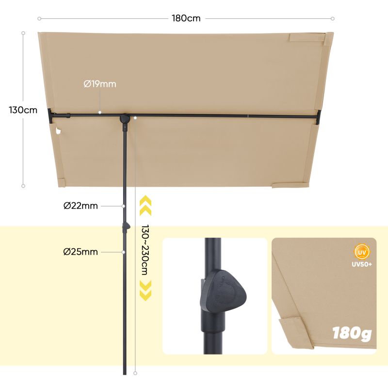 Sekey 180 x 130 cm balcony umbrella rectangular, individually adjustable, sun protection UV50+