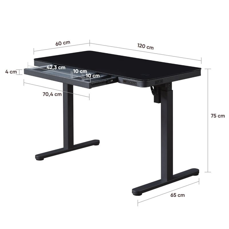 KOWO 120 cm Glass Electric Height Adjustable Desk with Drawers and Wireless Charging, Mobilo