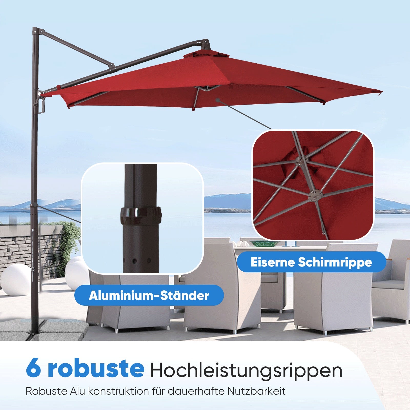 Sekey Ampelschirm 300 cm – Aluminium Sonnenschirm mit 360° Drehung, Neigefunktion, UV50+ Schutz