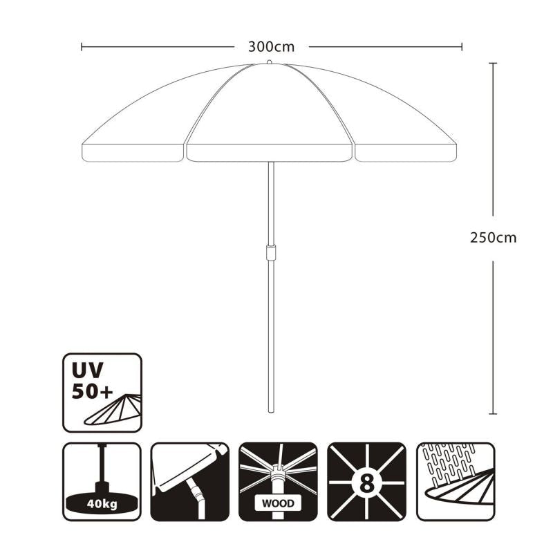 Sekey 300 cm Holz Sonnenschirm mit Volant, Sonnenschutz UV50+
