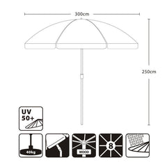 Sekey 300 cm wooden parasol with valance, sun protection UV50+