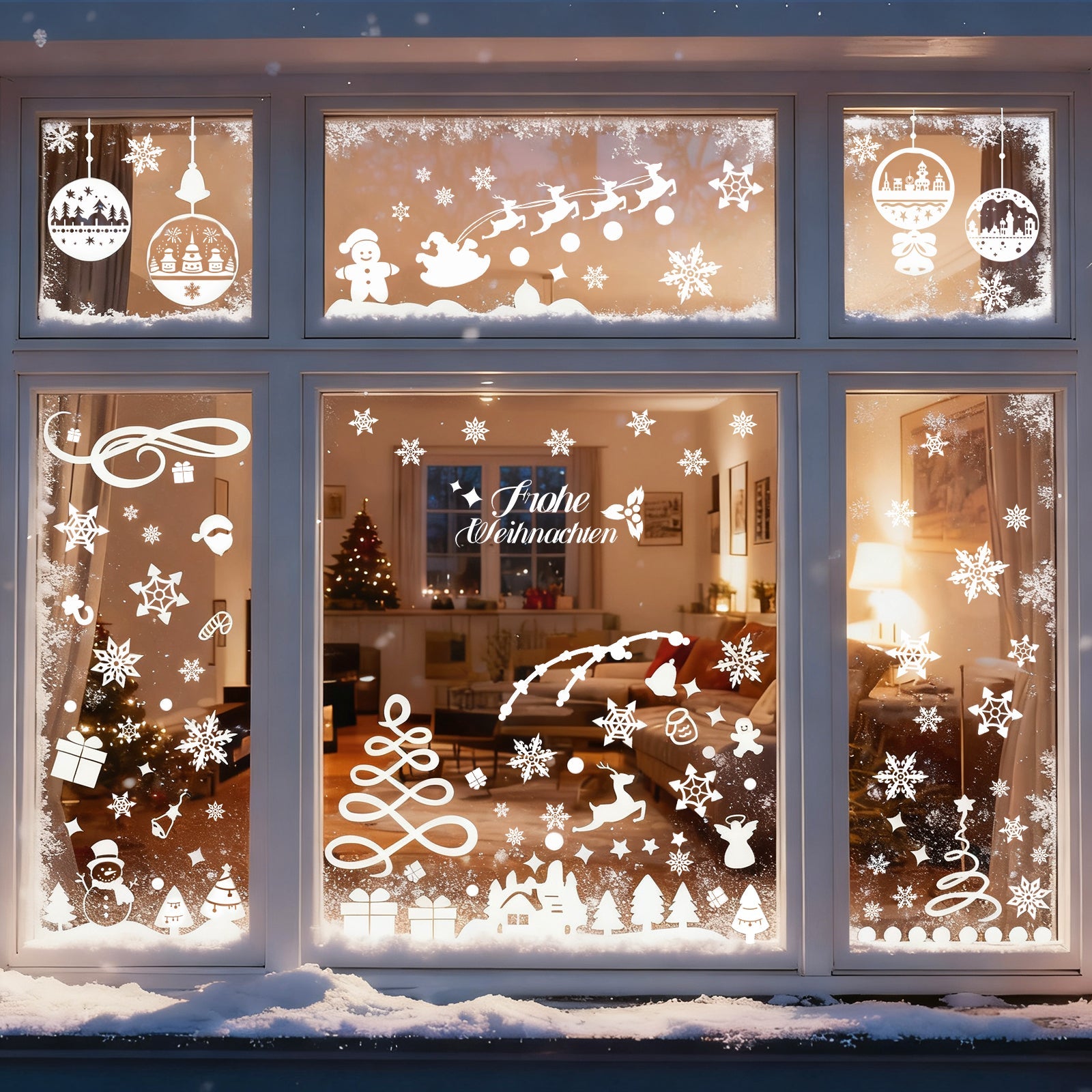 Salcar Fensterbilder Weihnachten – Wiederverwendbare Fensterdeko Weiß, Selbstklebend ohne Kleber, Beidseitig Sichtbar mit Schneeflocken, Häusern & Schneemann Salcar