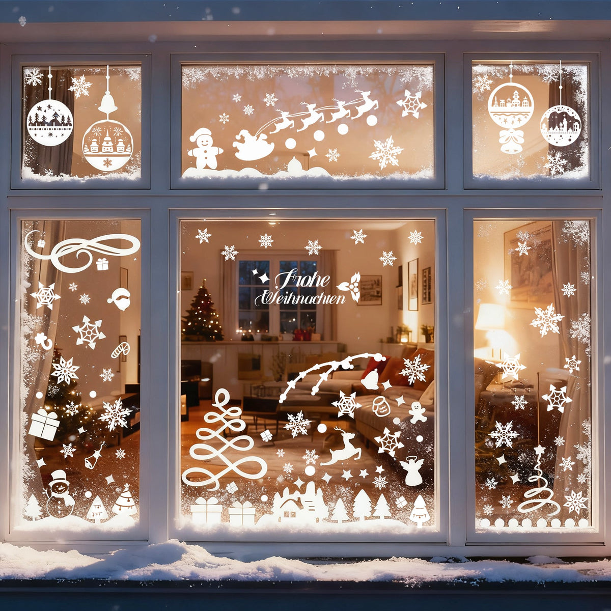Salcar Fensterbilder Weihnachten – Wiederverwendbare Fensterdeko Weiß, Selbstklebend ohne Kleber, Beidseitig Sichtbar mit Schneeflocken, Häusern & Schneemann Salcar