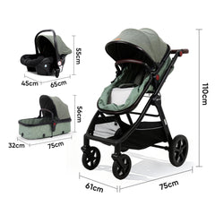 Sekey BW600 3-in-1 Kombi-Kinderwagen – Reisesystem mit Babyschale, Liegewanne & Buggy, Moskitonetz, Regenschutz, Federung, 5-Punkt-Gurt, All-Wetter Travel System 0–4 Jahre