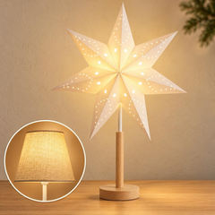 Salcar LED Paper Star with Wooden Base – Illuminated Christmas Star with 2 Lampshades, Warm White Light, Foldable &amp; Replaceable E14 Bulb