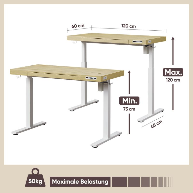 KOWO 120 cm Electric Height Adjustable Desk with Drawers and Wireless Charging, Mobilo