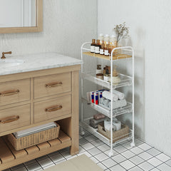 Sekey Rollwagen mit 4 Ebenen – Küchenwagen & Nischenregal mit MDF-Platte, Stahlrahmen, 360°-Rollen & Griff – Schmaler Servierwagen für Küche, Bad & Büro – Weiß Sekey