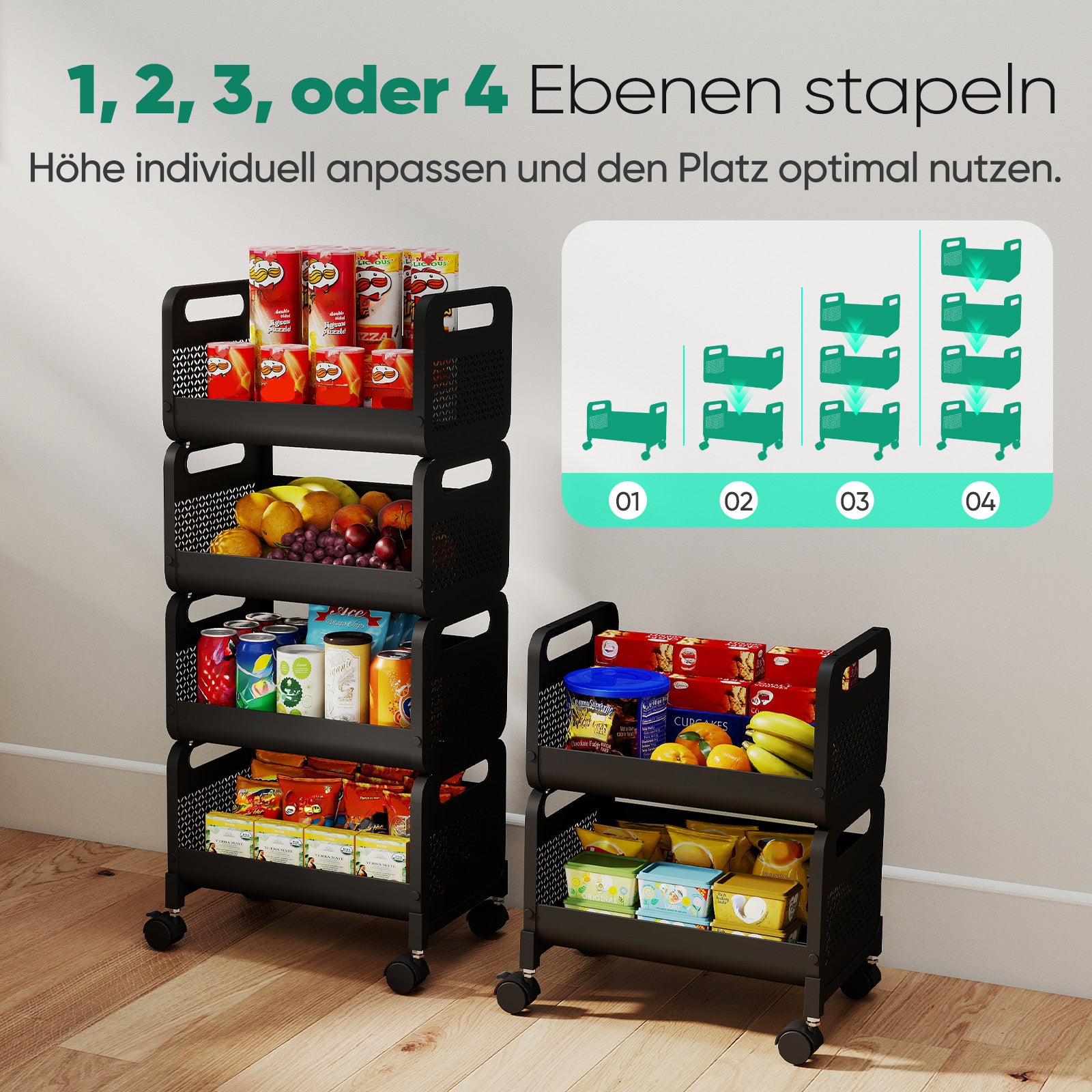 Sekey Rollwagen 4 Ebenen – Küchenwagen & Nischenregal aus Stahl, rostfest, 360°-Rollen & Griffe, bis 40 kg belastbar, Servierwagen für Küche, Bad, Wohnzimmer & Arbeitszimmer – Schwarz