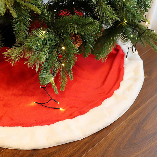 Salcar tree carpet Christmas round, Christmas tree blanket red white, plush Christmas tree skirts