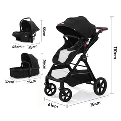 Sekey BW600 3-in-1 Kombi-Kinderwagen – Reisesystem mit Babyschale, Liegewanne & Buggy, Moskitonetz, Regenschutz, Federung, 5-Punkt-Gurt, All-Wetter Travel System 0–4 Jahre