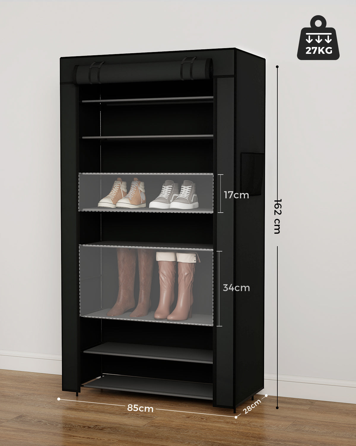 Sekey Schuhschrank mit 9 Ebenen – Multifunktionales Schuhregal mit Staubschutz, 2 Größen wählbar (58 oder 85 cm Breite), anpassbare Ablagen, einfache Montage, Schwarz