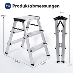 Sekey Trittleiter 3 Stufen aus Aluminium – Beidseitig Begehbar, Rutschfest, TÜV & SGS geprüft, bis 150 kg belastba