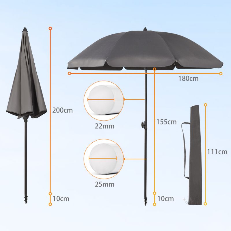 Sekey ∅ 180 cm beach umbrella with protective cover and ground sleeve, sun protection UV50+