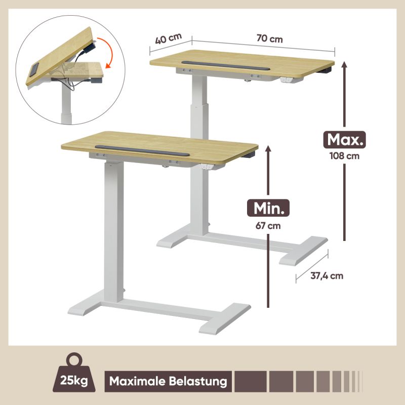 KOWO Elektrischer Höhenverstellbarer Beistelltisch, mit Rädern, C-Form