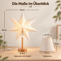 Salcar LED Paper Star with Wooden Base – Illuminated Christmas Star with 2 Lampshades, Warm White Light, Foldable &amp; Replaceable E14 Bulb