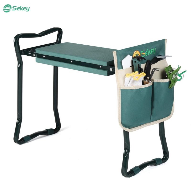 Sekey Höhenverstellbare Kniebank für Gartenarbeit Belastbarkeit 160KG/180KG, Gartenhocker Klappbar mit Werkzeugtaschen, Knie Komfort Garten, Grün