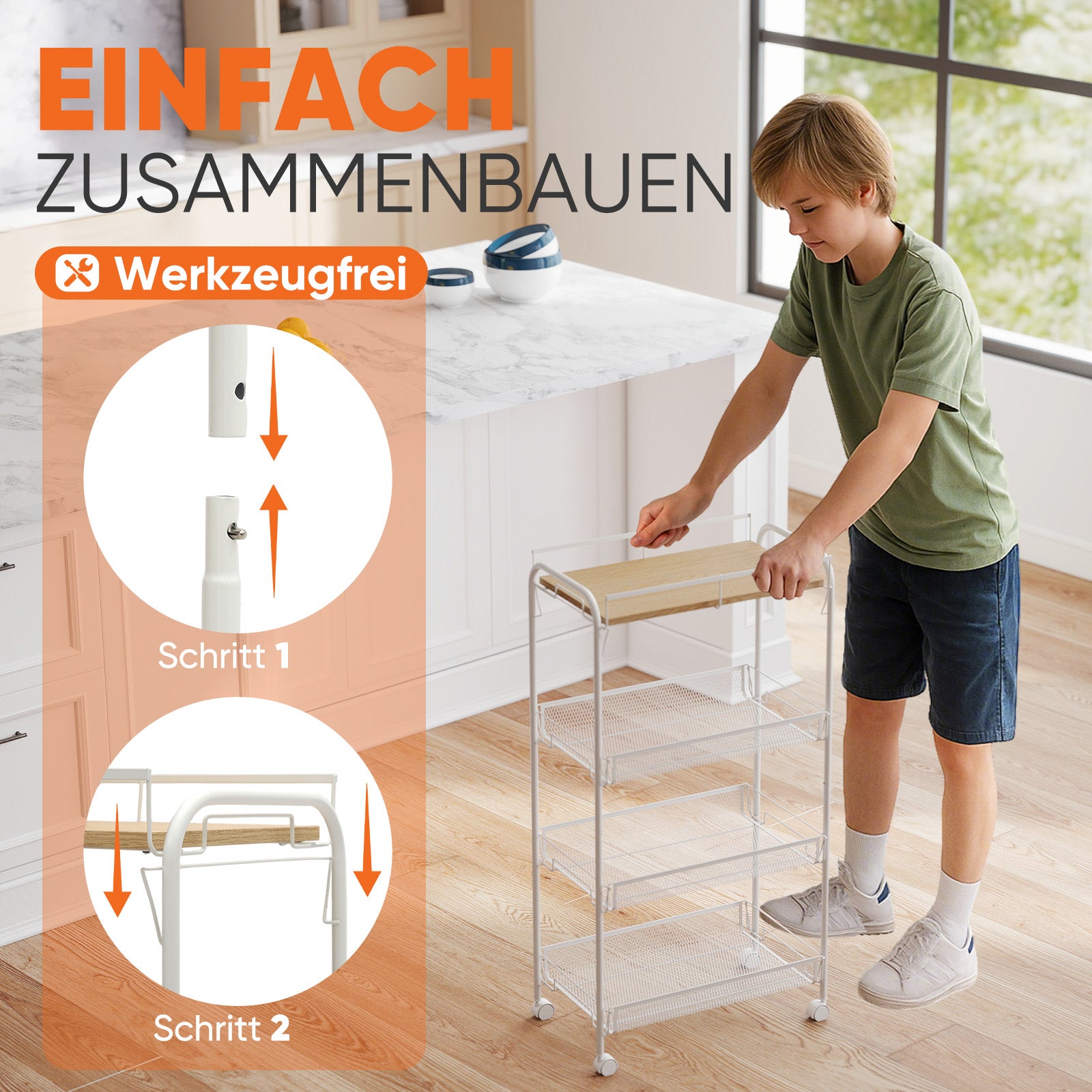 Sekey Rollwagen mit 4 Ebenen – Küchenwagen & Nischenregal mit MDF-Platte, Stahlrahmen, 360°-Rollen & Griff – Schmaler Servierwagen für Küche, Bad & Büro – Weiß
