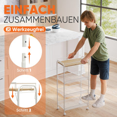 Sekey Rollwagen mit 4 Ebenen – Küchenwagen & Nischenregal mit MDF-Platte, Stahlrahmen, 360°-Rollen & Griff – Schmaler Servierwagen für Küche, Bad & Büro – Weiß Sekey