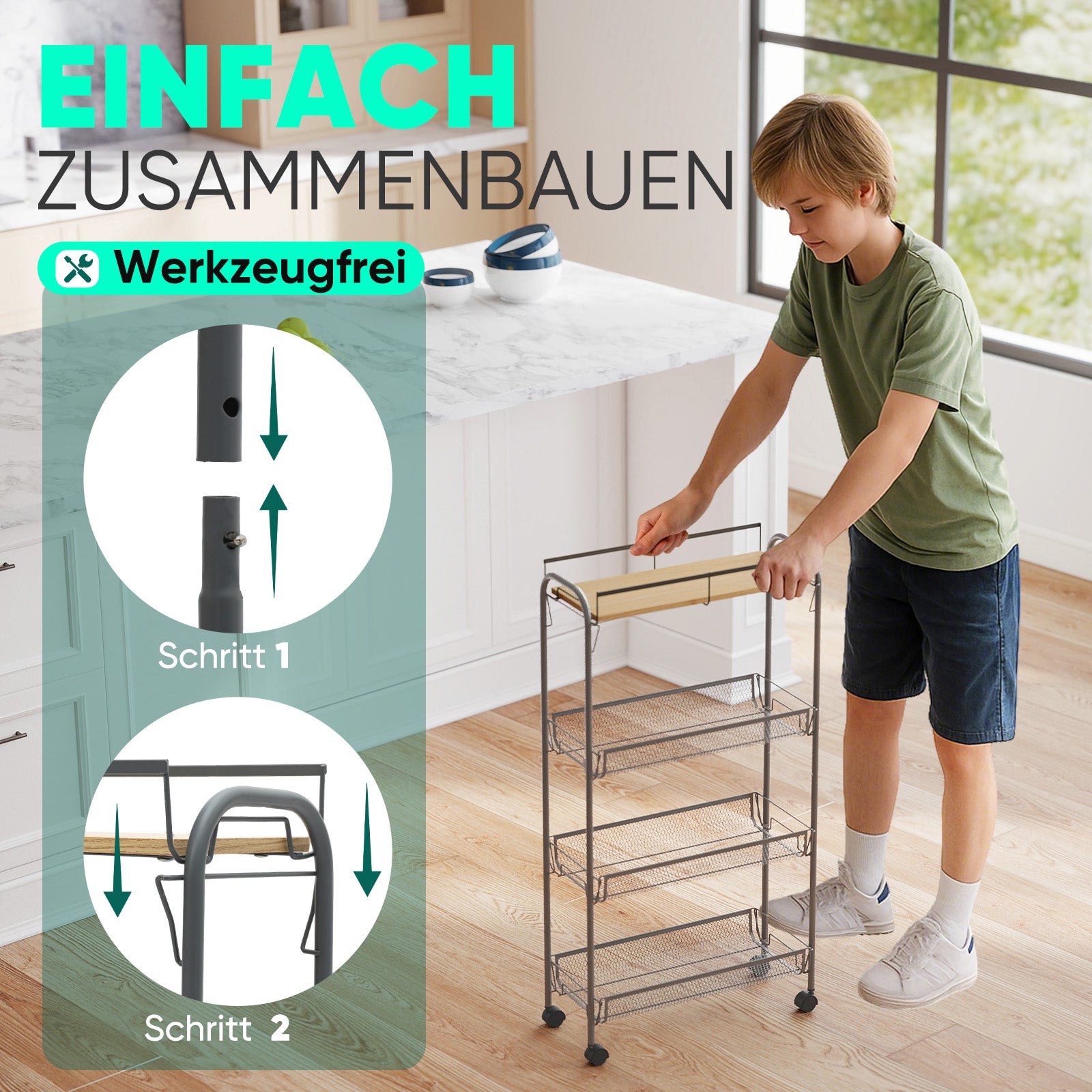 Sekey Rollwagen mit 4 Ebenen – Küchenwagen & Nischenregal auf Rollen, Stahl mit rostfester Lackierung & MDF-Oberplatte, 360°-Räder mit Griff, werkzeugloser Aufbau, platzsparender Aufbewahrungswagen für Küche, Bad & kleine Räume – Dunkelgrau