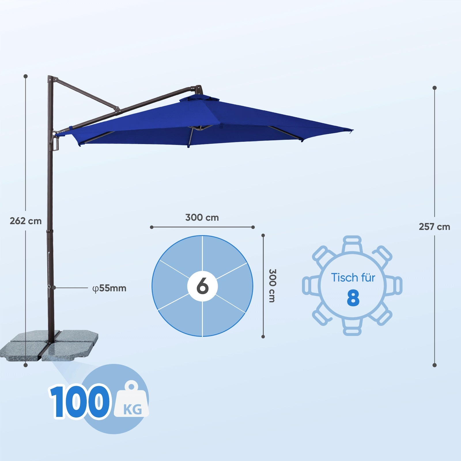 Sekey Ampelschirm 300 cm – Aluminium Sonnenschirm mit 360° Drehung, Neigefunktion, UV50+ Schutz