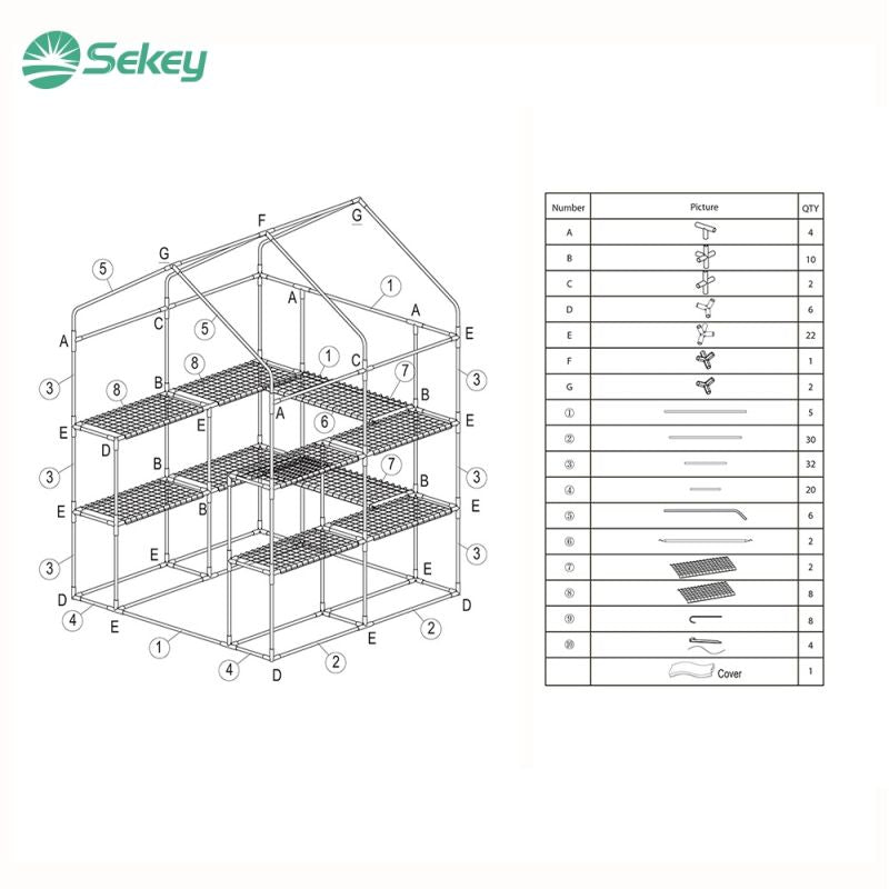 Sekey walk-in greenhouse with 10 shelves, 143 cm x 143 cm x 195 cm