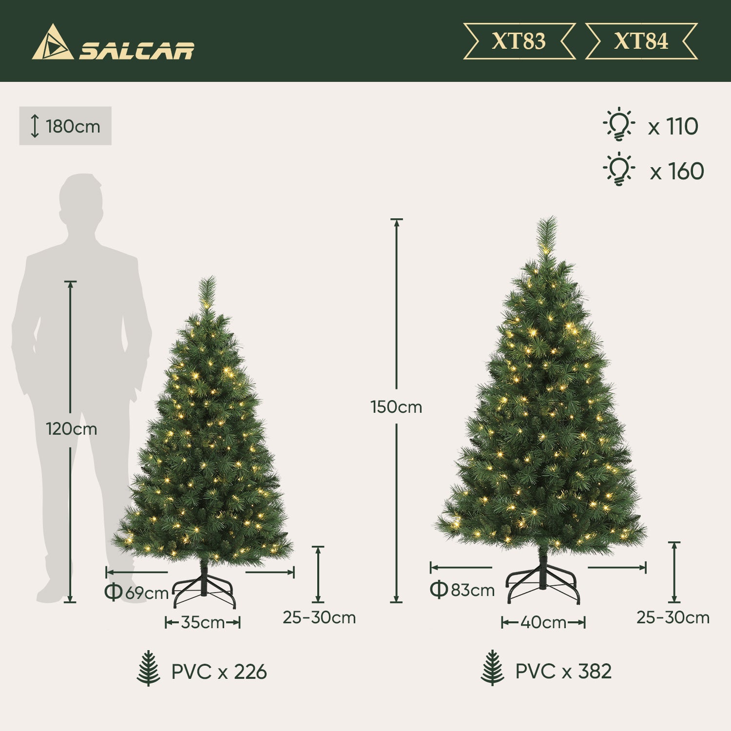 Salcar 180/210/240cm Künstlicher Weihnachtsbaum mit LED, mit 580/868/1168 Spitzen und 250/380/450 LEDs