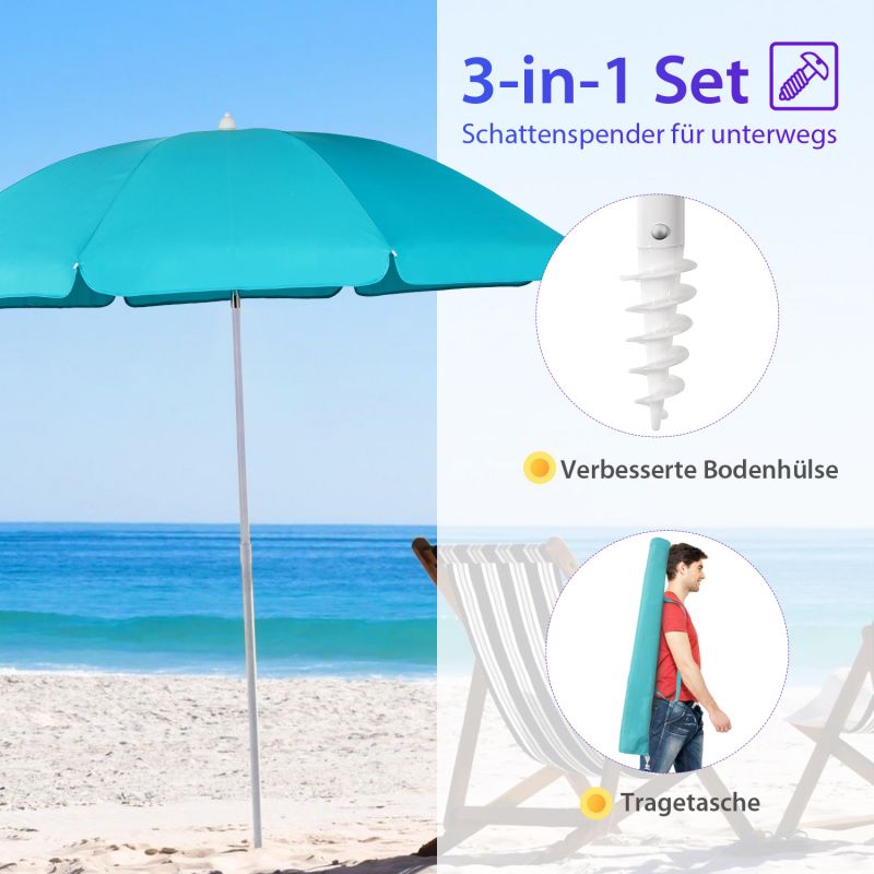 Sekey ∅ 180 cm Strandschirm mit Schutzhülle und Bodenhülse, Sonnenschutz UV50+