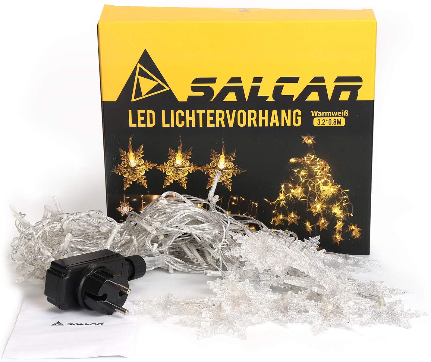 Salcar 3,2 x 0,8 m LED Lichtervorhang mit 18 Schneeflocken, 108 LEDs, 31V GS-zertifizierte Stromversorgung