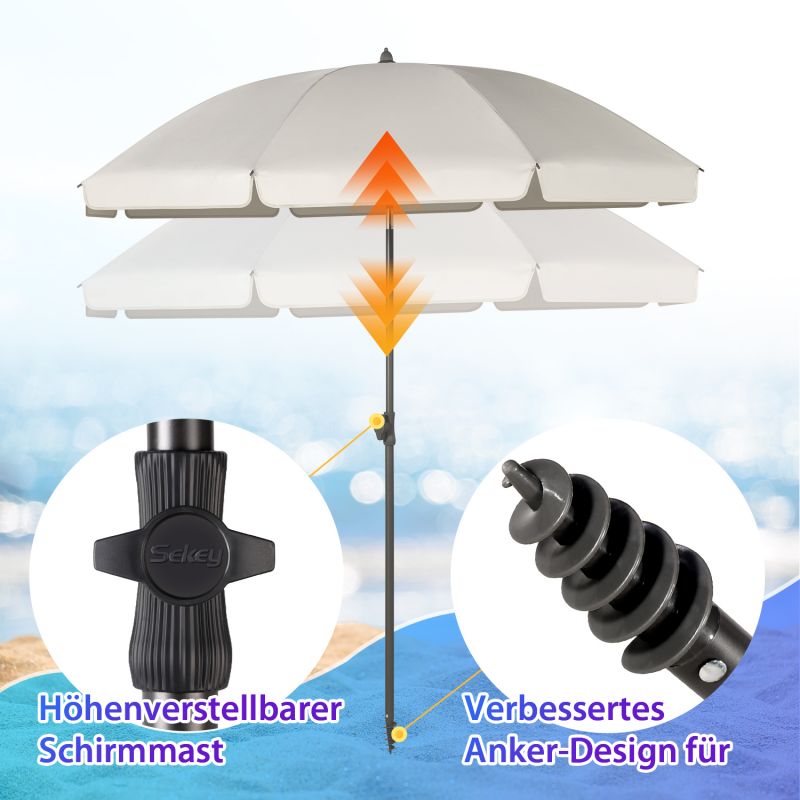 Sekey ∅ 180 cm beach umbrella with protective cover and ground sleeve, sun protection UV50+