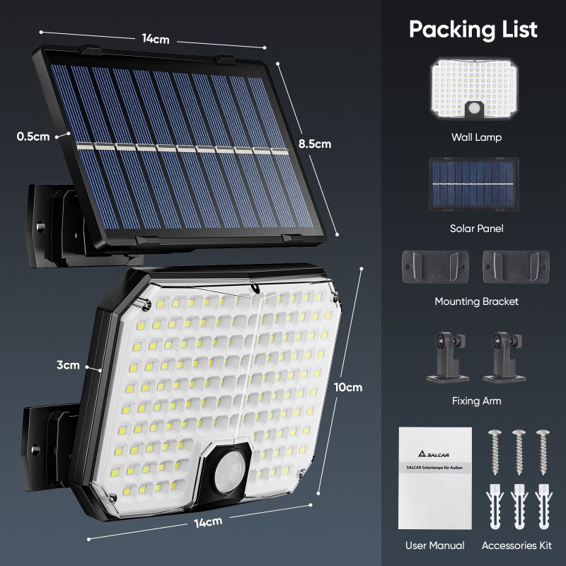 Salcar LED Solarleuchte mit Bewegungsmelder, 124 LEDs, mit 1800 mAh Akku