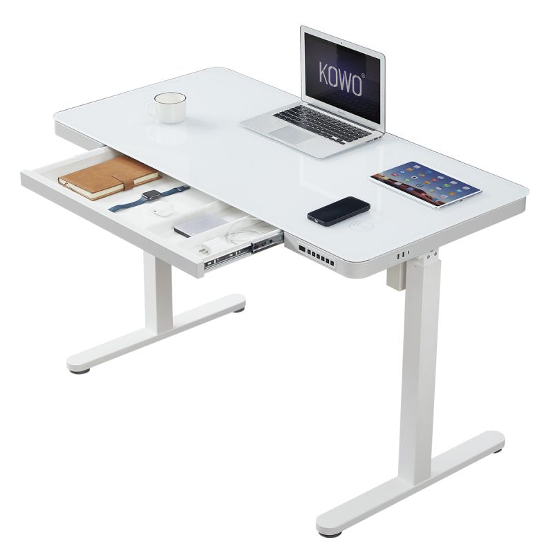 KOWO 120 cm Glass Electric Height Adjustable Desk with Drawers and Wireless Charging, Mobilo